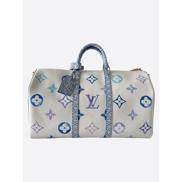 Louis Vuitton White & Blue Watercolor Monogram By The Pool Keepall 50 - Picture 1 of 7
